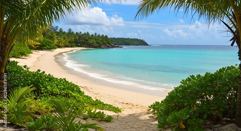 Colorful Pebbles on Sandy Beach by Calm Blue Ocean Colorful Pebbles on Sandy Beach by Calm Blue Ocean