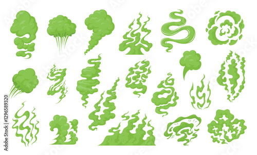 Bad smell green smoke steam condensation aroma bubble set vector flat illustration