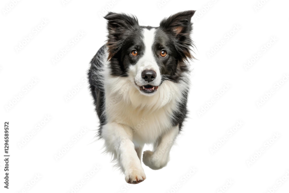 Energetic border collie running towards the viewer in a playful manner during a sunny day outdoors, cut out Energetic border collie running towards the viewer in a playful manner during a sunny day outdoors, cut out