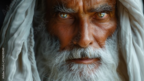 An elderly man with a white beard and intense eyes gazes intently from beneath a flowing white cloth in a dramatic closeup