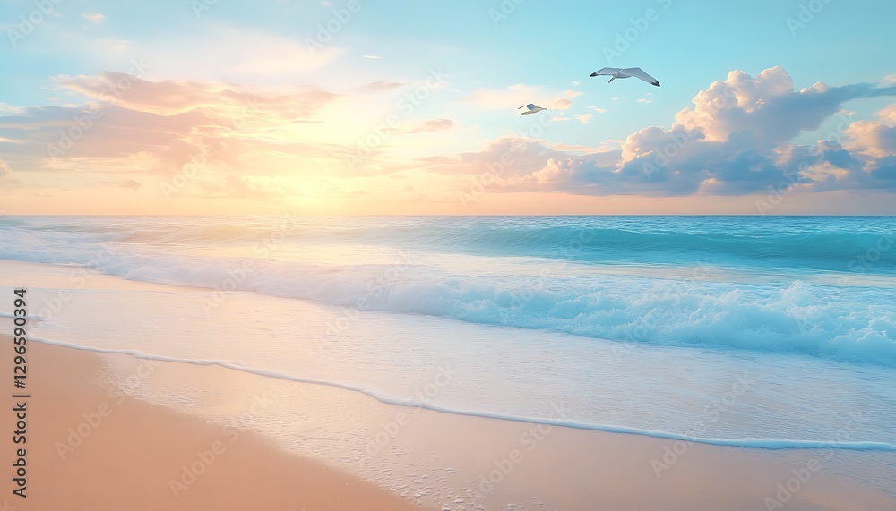 Fototapeta premium Sunrise Beach Ocean Waves Sky Birds