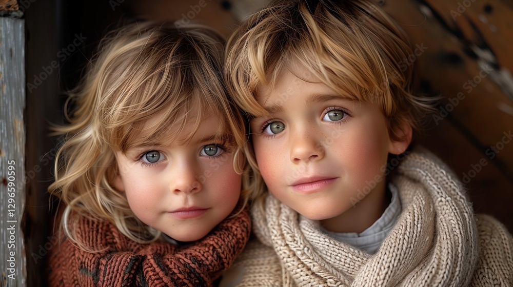 Two young siblings with blonde hair and knitted scarves gaze closely together in a cozy setting with soft natural light Two young siblings with blonde hair and knitted scarves gaze closely together in a cozy setting with soft natural light