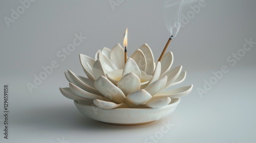 A ceramic incense holder shaped like a lotus flower, with a lit incense stick emitting gentle smoke, displayed against a white background. 