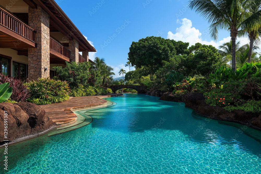 Fototapeta premium Luxurious resort pool surrounded by tropical plants and stone architecture, creating serene atmosphere in Hawaii. Perfect for relaxation and leisure