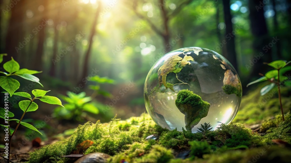Earth crystal glass globe blending in with green leaves in a forest, earthy tones, geology, earthy tones Earth crystal glass globe blending in with green leaves in a forest, earthy tones, geology, earthy tones