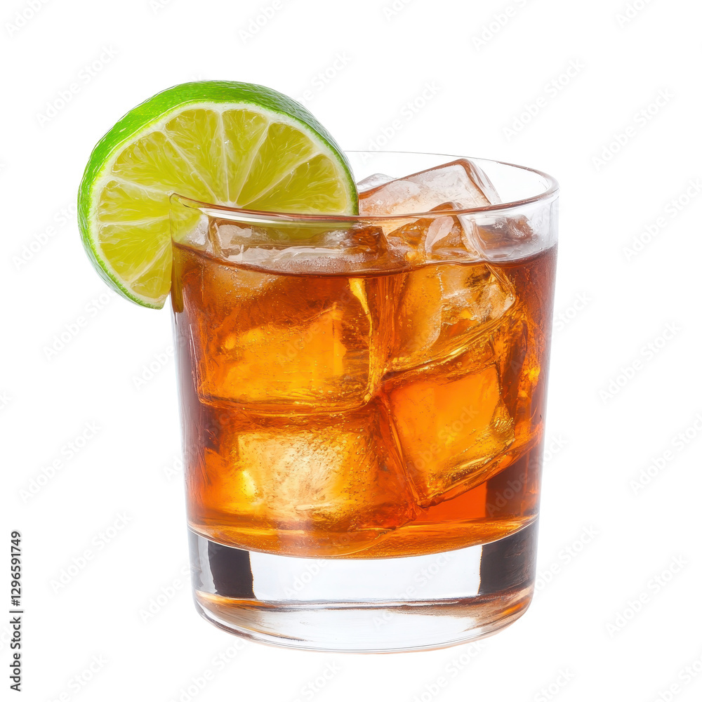 Refreshing cocktail with lime garnish, chilled drink in a glass with ice, perfect for summer gatherings or relaxing evenings. Isolated on white background or PNG Refreshing cocktail with lime garnish, chilled drink in a glass with ice, perfect for summer gatherings or relaxing evenings. Isolated on white background or PNG