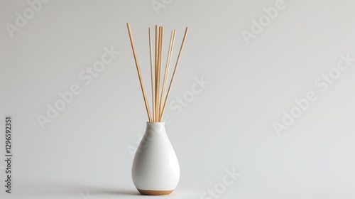 A ceramic oil diffuser with a minimalist design, accompanied by reed sticks, displayed against a pure white background. 