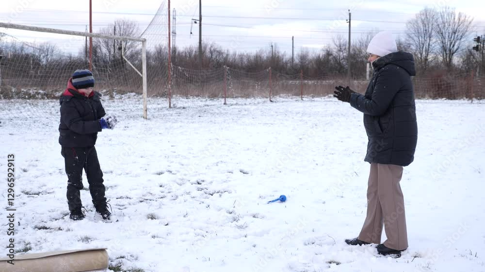 custom made wallpaper toronto digitalA woman and her son clean a carpet in the snow and have fun.