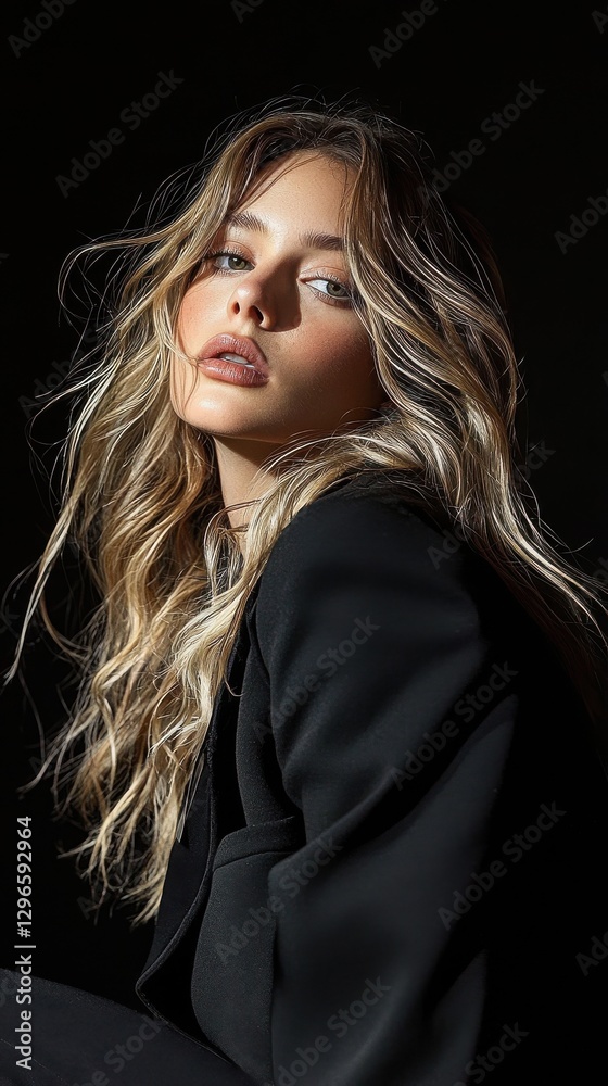 Naklejka premium A woman with long blonde hair is wearing a black jacket