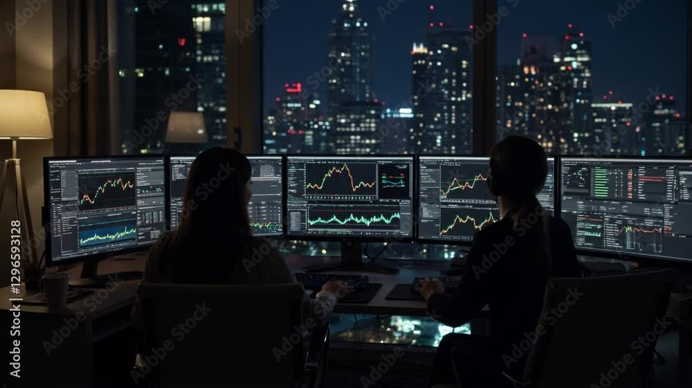 Two elegant female traders sit in a luxurious high-rise apartment at night, analyzing trading charts on a multi-monitor setup.
