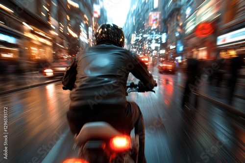 A thrilling motorcycle ride captures the urban essence with vibrant lights and a sense of adventure reflected in the rain-soaked city streets at night.