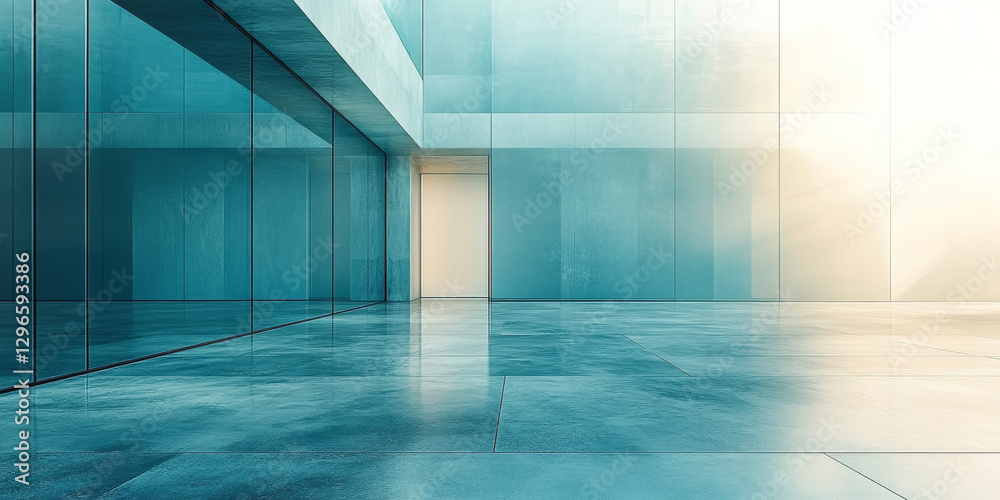 Fototapeta premium Modern building interior. Empty corridor with blue windows. Modern architecture 