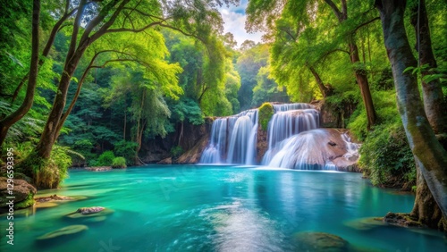 Waterfall in a forest with turquoise river flowing gently through dense foliage, surrounded by tall trees and lush greenery, calm atmosphere, turquoise river