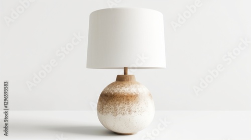 A ceramic table lamp with a textured base and a crisp white lampshade, isolated on a clean white background. 