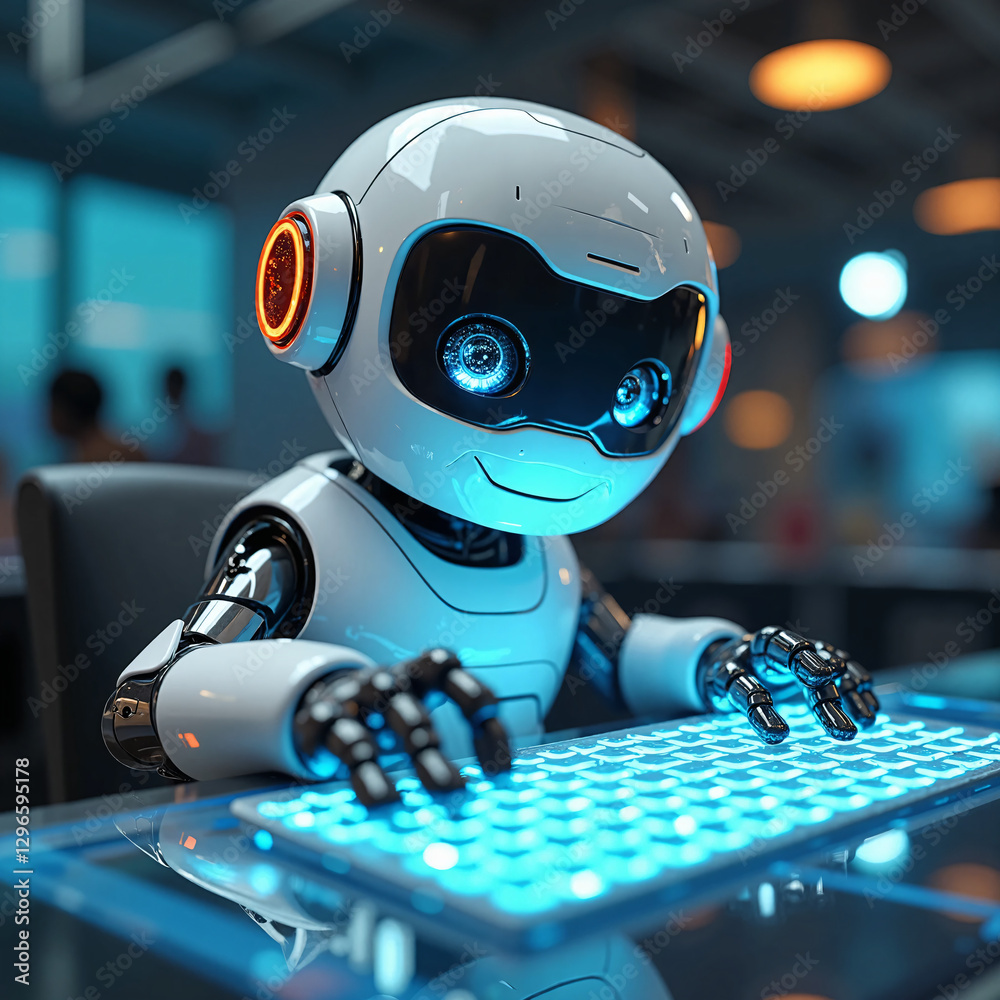 custom made wallpaper toronto digitalA friendly and expressive robot typing quickly on a holographic keyboard