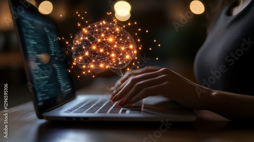 Typing on Laptop with Brain Graphic Symbolizing Artificial Intelligence