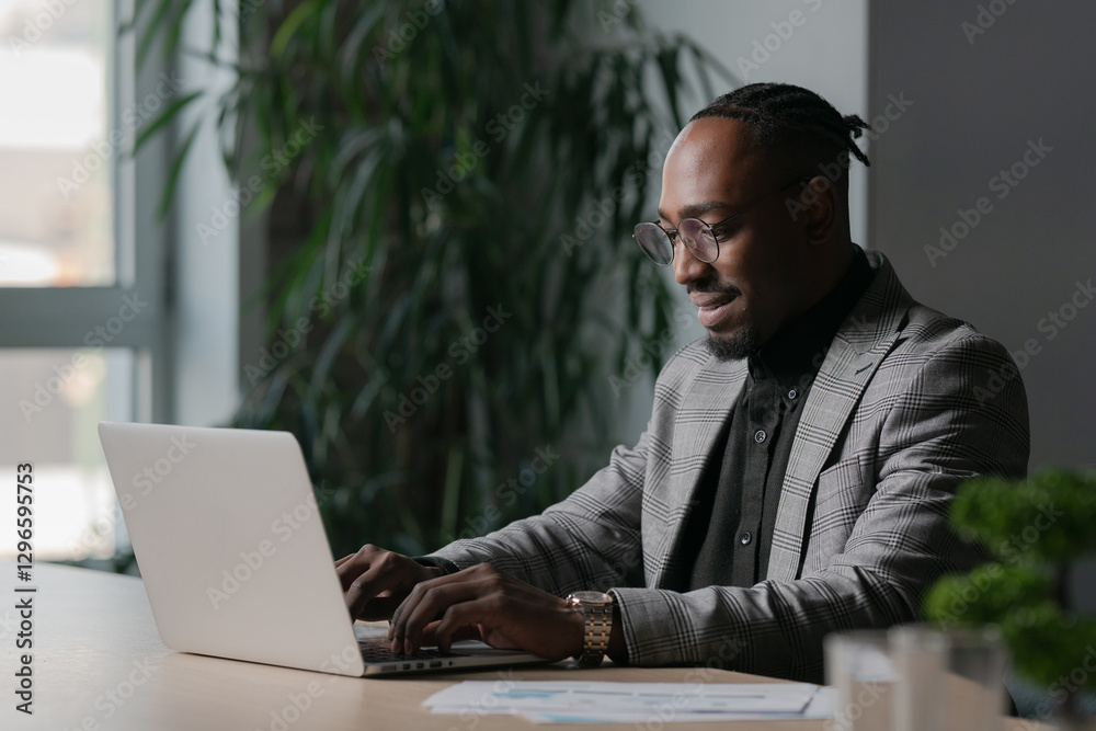Professional businessman working on a laptop in a modern office, wearing a stylish suit and glasses. Concept of productivity, remote work, corporate lifestyle, and business success Professional businessman working on a laptop in a modern office, wearing a stylish suit and glasses. Concept of productivity, remote work, corporate lifestyle, and business success