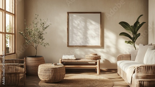 Mock-up frame hanging on the wall of a cozy living room, natural wooden and rattan furniture, neutral-toned walls, soft sunlight, potted plants, earthy color scheme, 3D render.