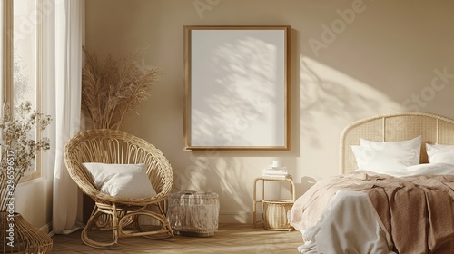 Mock-up frame hanging on the wall above a cozy rattan armchair, warm-toned bedroom with soft bedding, wooden floor, soft natural lighting, neutral decor, 3D render.
