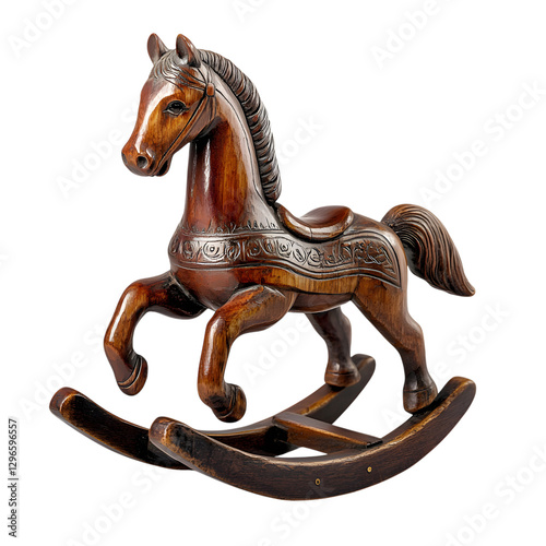 An ultra-realistic close-up of an antique wooden rocking horse from early USA with hand-carved details, fully visible from all angles, isolated on a pure white background with no shadows.
