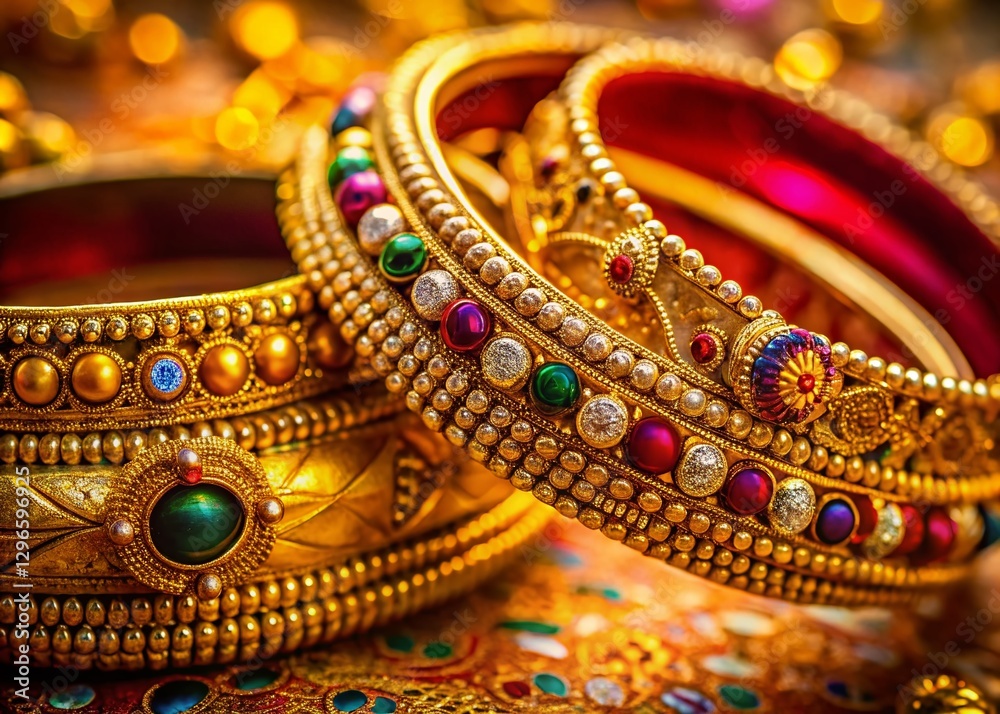 Macro Shot: Intricate Indian Gold Bangles & Forehead Tika Macro Shot: Intricate Indian Gold Bangles & Forehead Tika