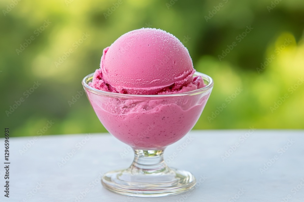 A luxurious blackcurrant sorbet in a glass bowl, with frost forming on the surface