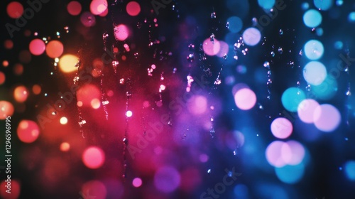 Colorful bokeh through rain drops. Night city lights. Stock photo