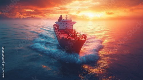 A cargo ship fully loaded with shipping containers, goods, navigates the seas	
