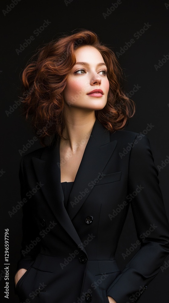 A woman in a black suit with a red headband