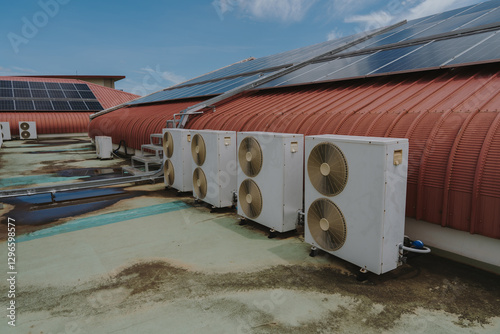 Solar panels and hot coils of air conditioners on the roof for green energy. Solar panels on the roof for factories. Solar panels absorb sunlight. Night sky backdrop full of clouds.