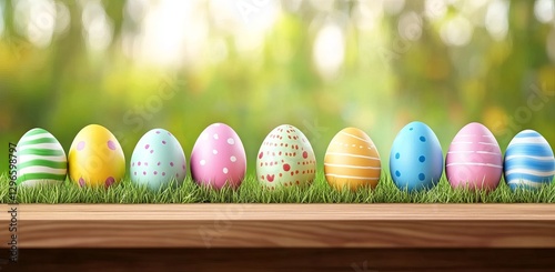  Colorful Easter eggs on a wooden table with a blurred green grass background.
