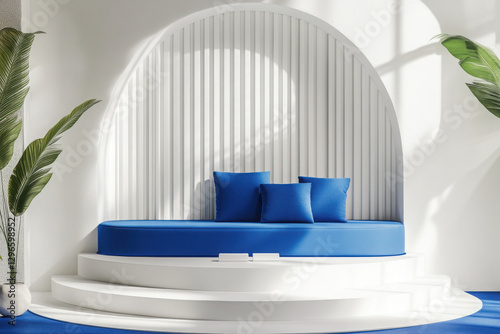 a modern white and blue product stage display scene 3d podium background for clean and professional photography