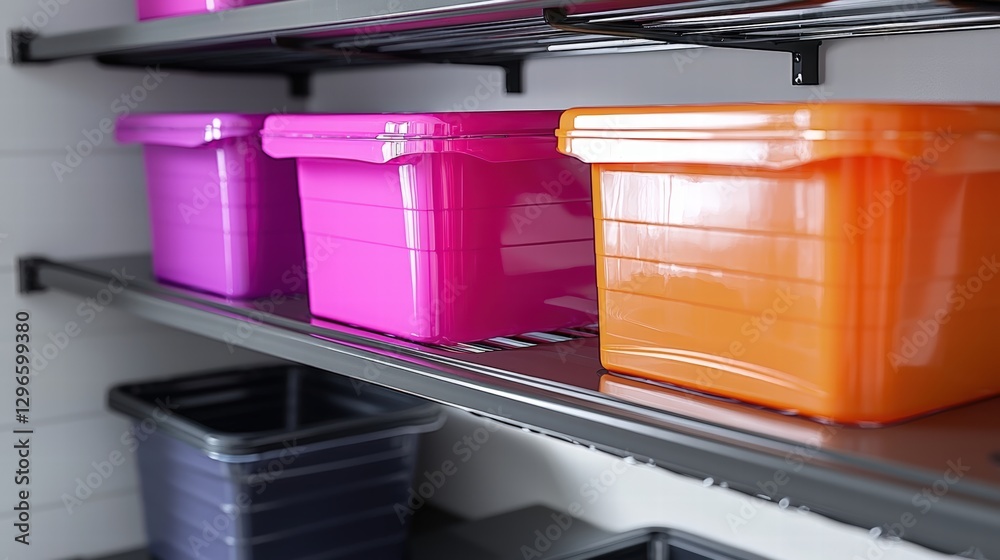 Organized shelf displaying multiple plastic containers in varied sizes for storage and organization Organized shelf displaying multiple plastic containers in varied sizes for storage and organization