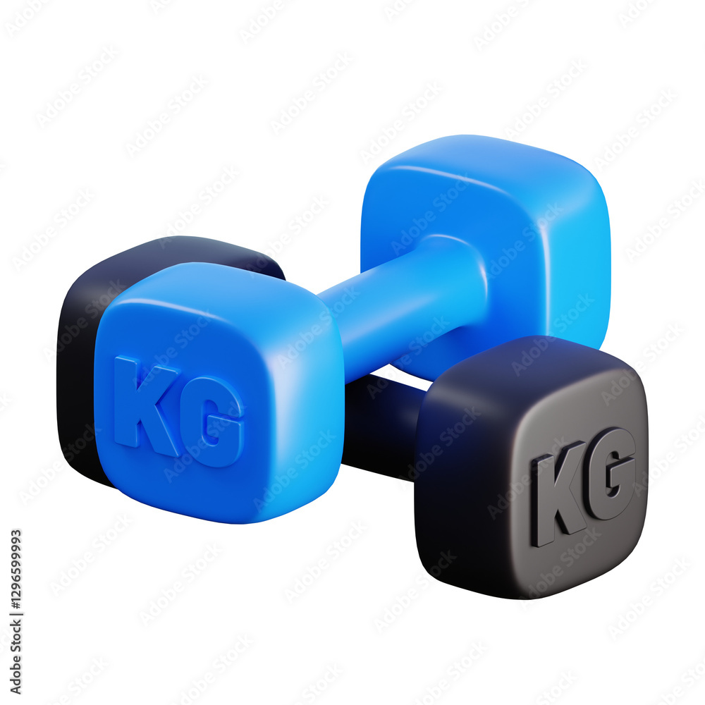3D rendering of a dumbbell with a unique design, featuring blue and black weight plates and 