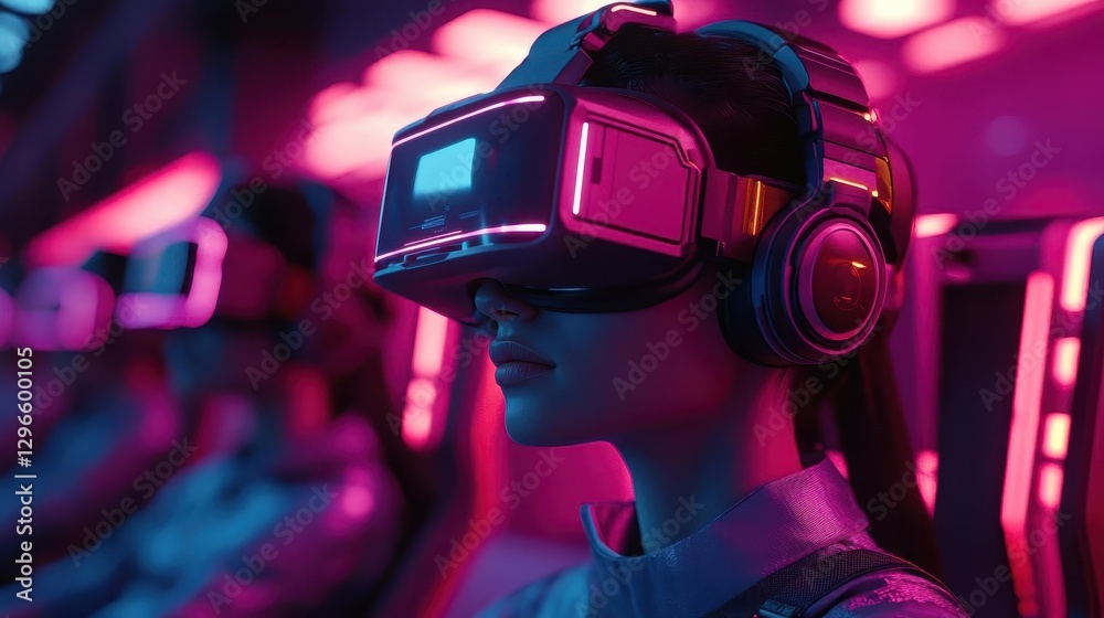 Students taking an online class using VR headsets in a futuristic classroom, Online learning, SciFi, 3D Render, Bright and immersive Students taking an online class using VR headsets in a futuristic classroom, Online learning, SciFi, 3D Render, Bright and immersive