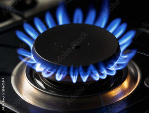 Natural Gas. High prices of natural gas. Blue flames of gas burning from a kitchen gas stove. Energy crisis concept background. Cooker with burning fire propane.