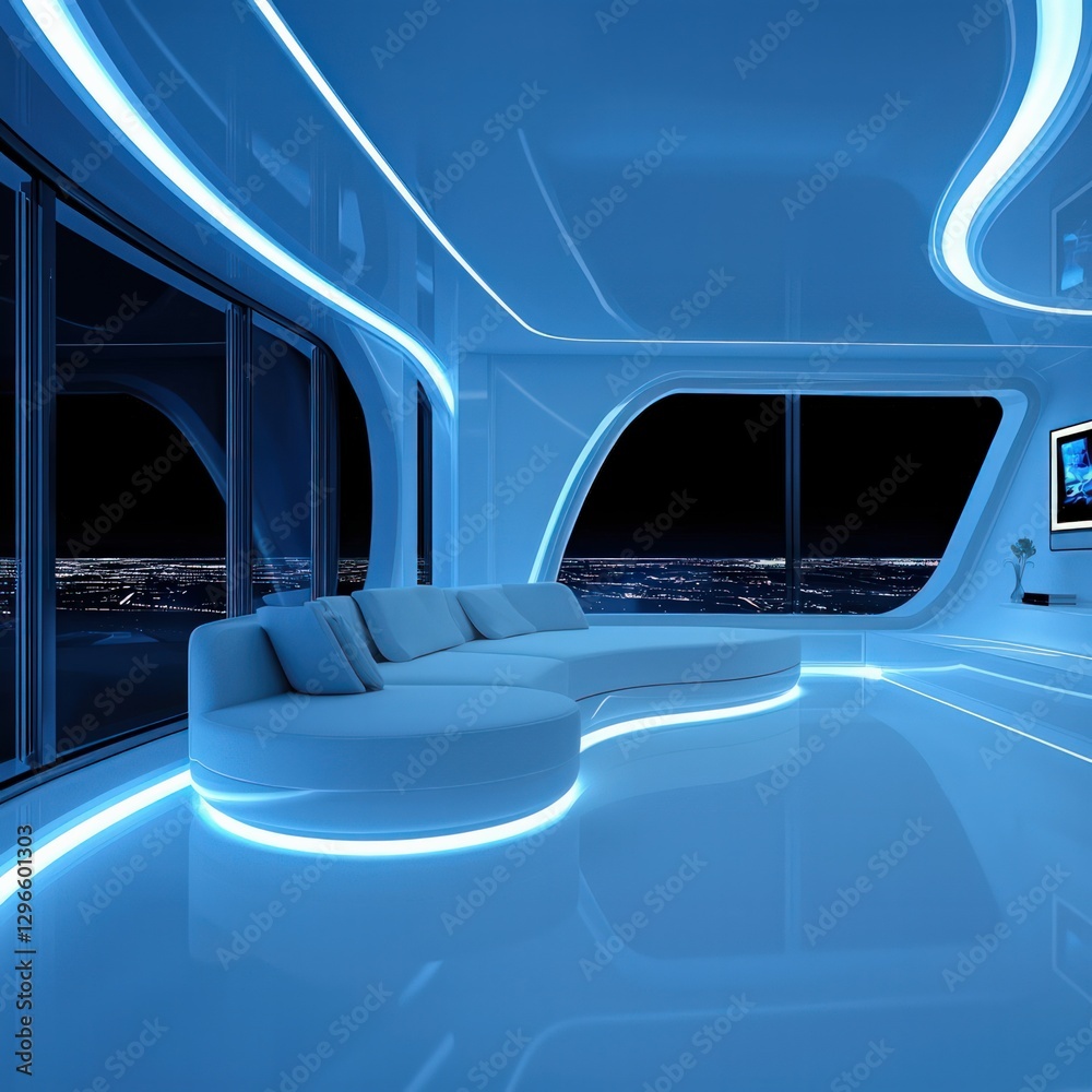 Futuristic and Sleek Modern Interior Design with Blue Lighting in a Contemporary Living Space Futuristic and Sleek Modern Interior Design with Blue Lighting in a Contemporary Living Space