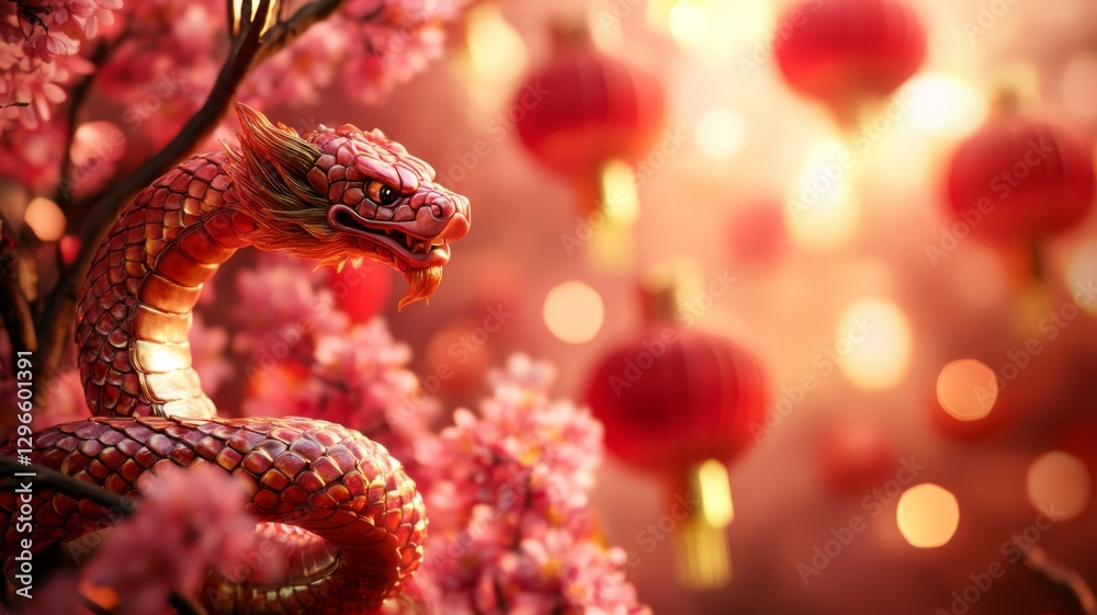 Red Dragon Ornament Among Pink Blossoms and Lanterns Red Dragon Ornament Among Pink Blossoms and Lanterns