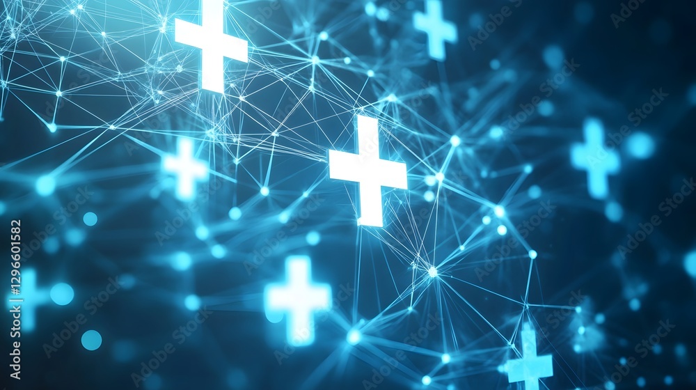 Naklejka premium Digital Healthcare Network with Glowing Cross Symbols and Interconnected Lines