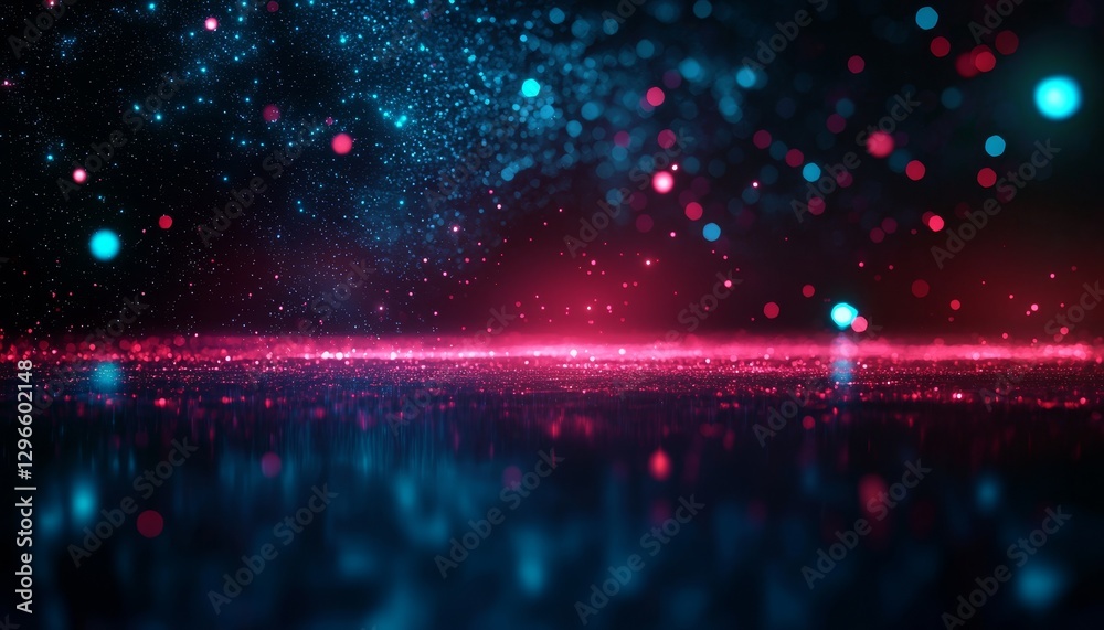Fototapeta premium A vibrant, abstract background featuring sparkling particles in shades of blue, pink, and red, creating a cosmic and dynamic atmosphere.