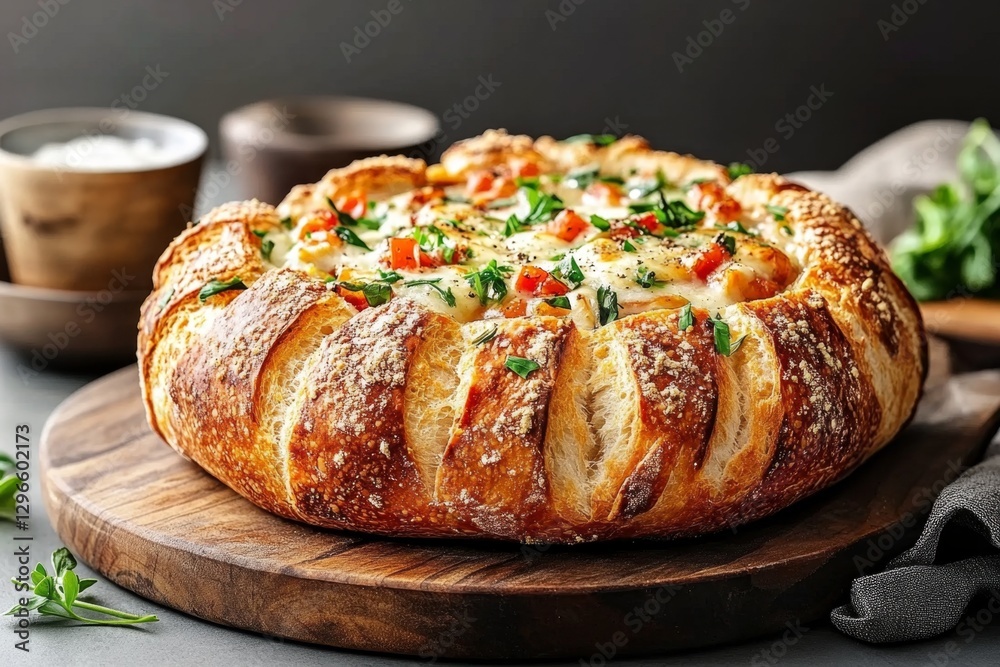 A rustic bread bowl filled with warm soup, creating a comforting meal A rustic bread bowl filled with warm soup, creating a comforting meal
