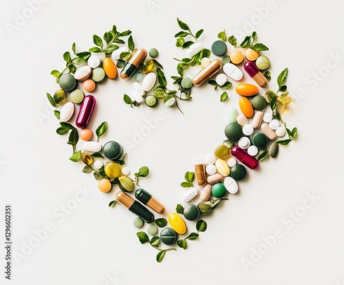 A heart-shaped arrangement of vitamins, pills, and natural supplements on a white background, symbolizing health and wellness. photo