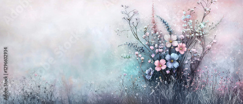 A soft, pastel-colored floral arrangement emerges from a misty background, creating a dreamy and serene atmosphere.