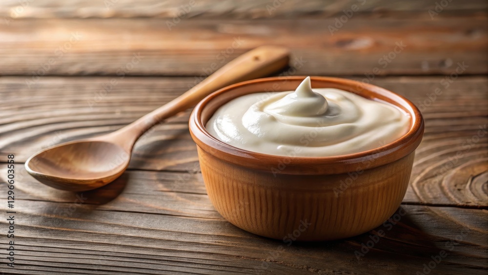 Creamy sour cream in a small pot with a spoon stirring it gently in a warm kitchen setting, sour cream Creamy sour cream in a small pot with a spoon stirring it gently in a warm kitchen setting, sour cream