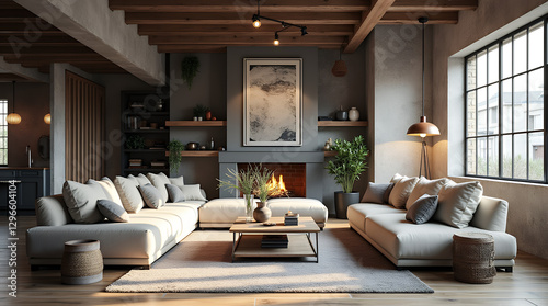 Industrial loft interior design of modern living room, home.