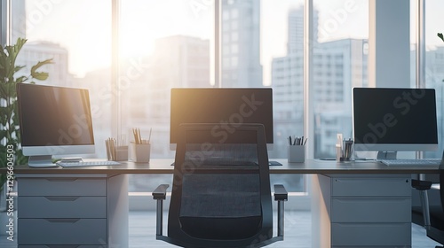 Light office interior with desk and chairs, pc computers and drawer near window