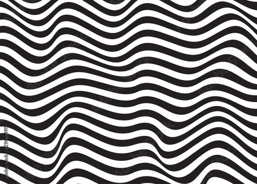 Black and white curved wavy lines pattern. Vector seamless texture with diagonal waves, stripes. Modern abstract monochrome background, optical illusion effect.