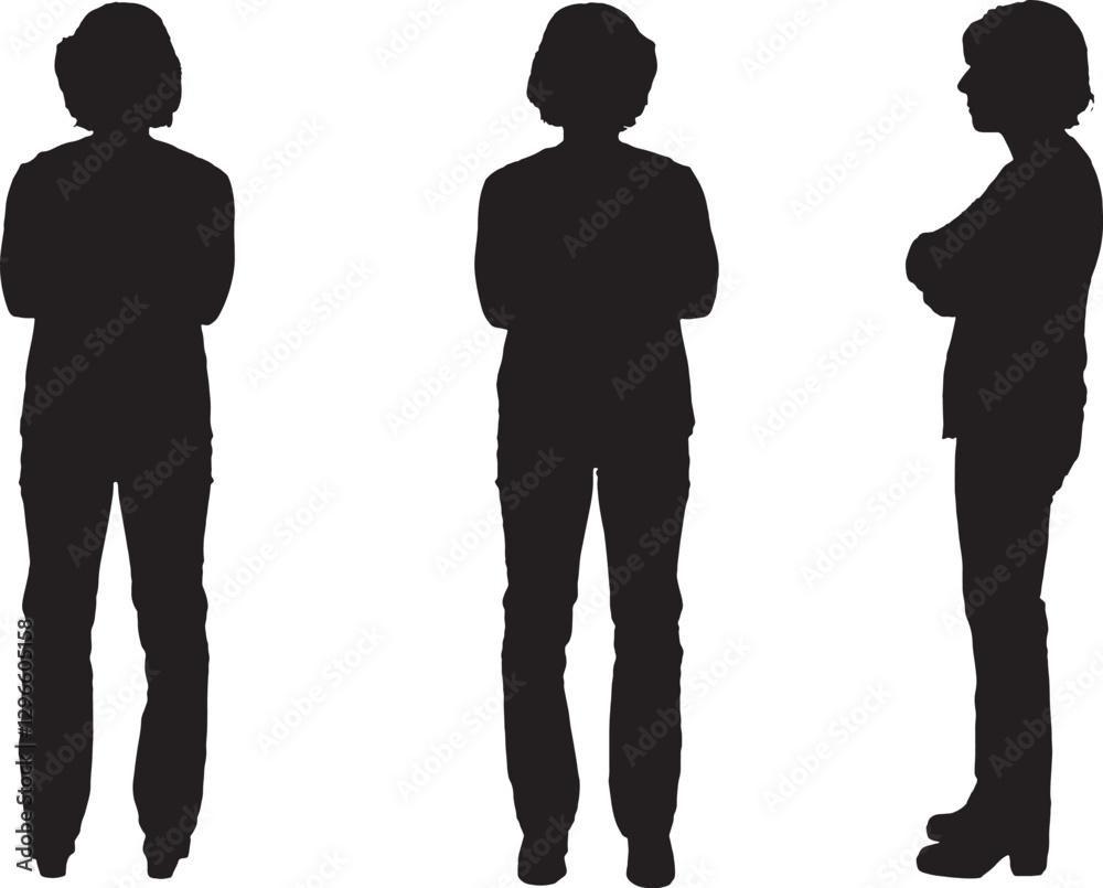 vector; silhouette;side, front and back view of same woman standing vector; silhouette;side, front and back view of same woman standing
