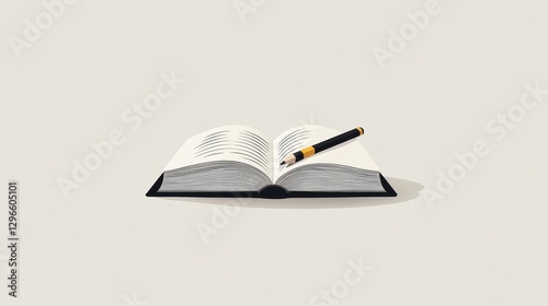 A minimalistic digital illustration of an open book with a pen resting on its pages. photo