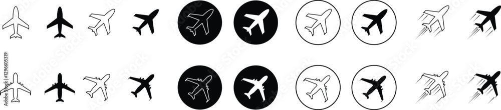 Airplane Icon Set Isolated on white background, Aeroplane Icon Set, Aircraft vector sign. Airport arrival departure symbol, Airplane Icon Set Isolated on white background, Aeroplane Icon Set, Aircraft vector sign. Airport arrival departure symbol,